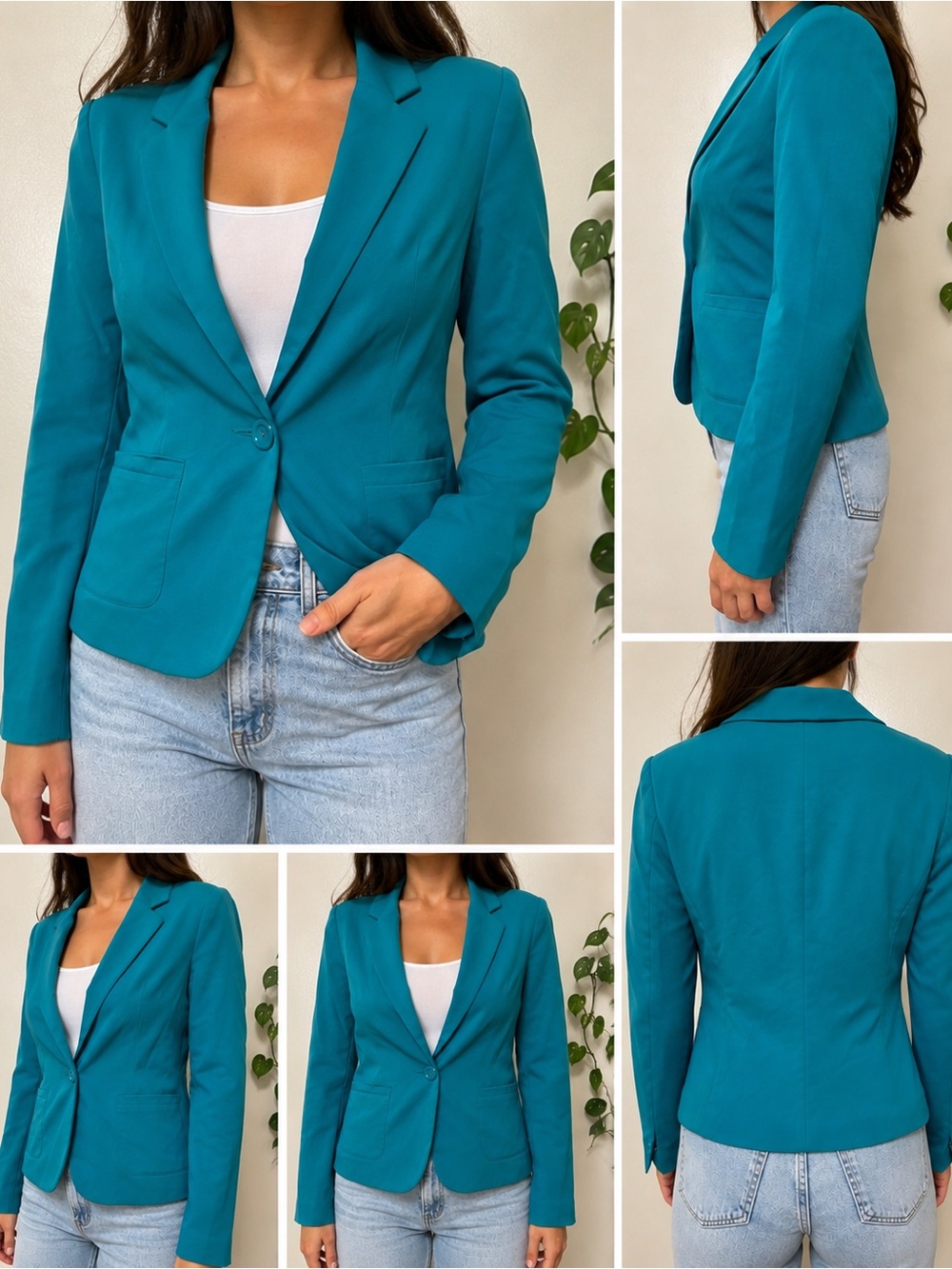H&M Turquoise Fitted Blazer Size 6 Aqua One-Button Career Office Jacket